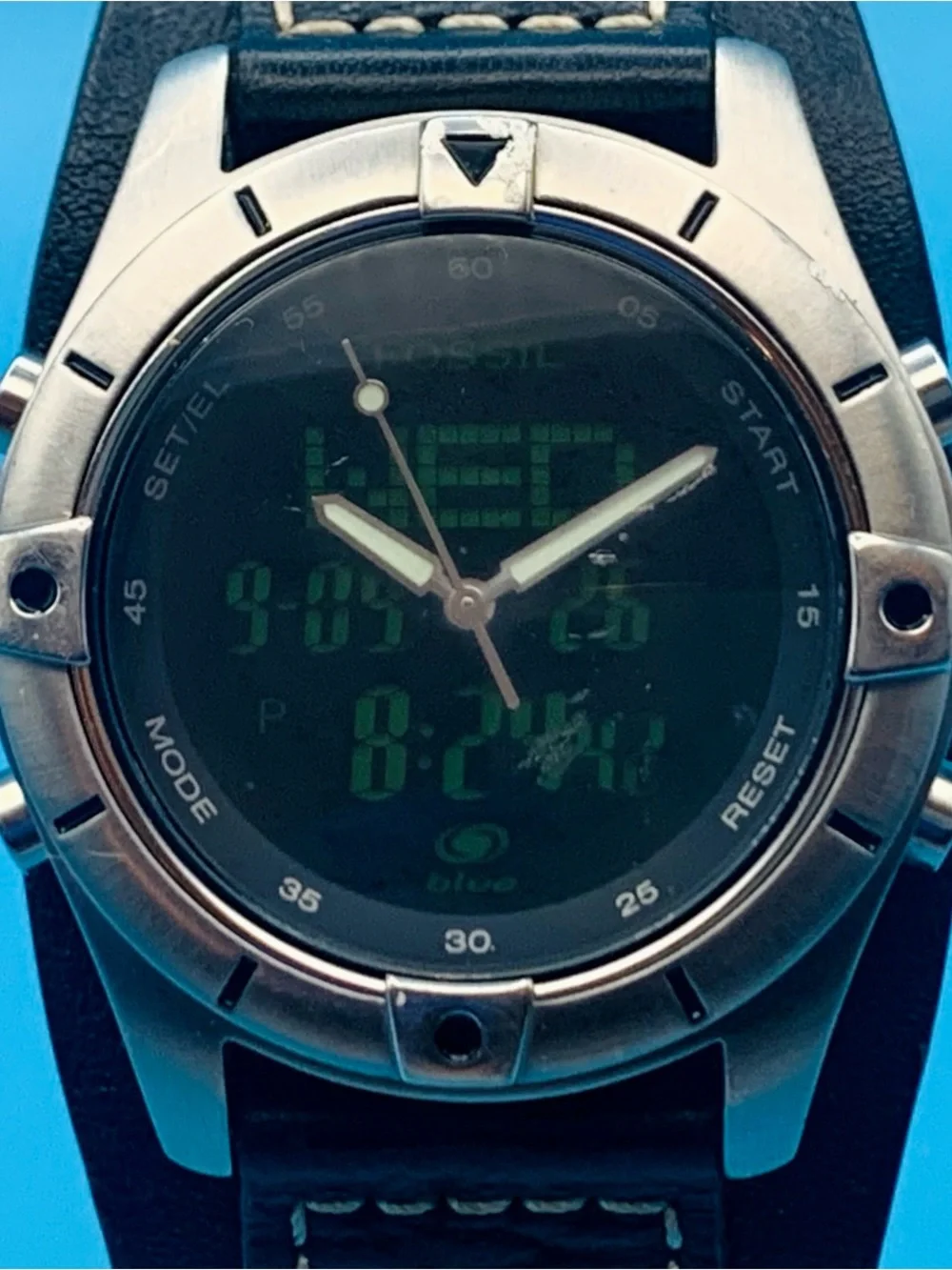 FOSSIL BLUE BQ-9167 Men’s Rare Vintage Ana-Dig Wristwatch Chrono Works New Batt